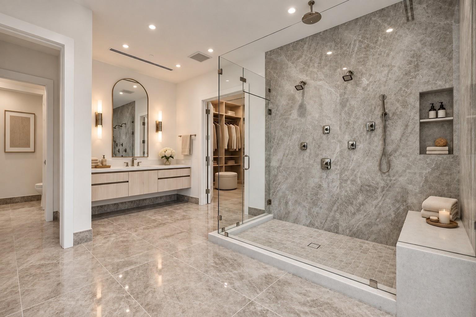 Spacious bathroom with a marble-tiled glass shower, floating vanity, and arched mirror.