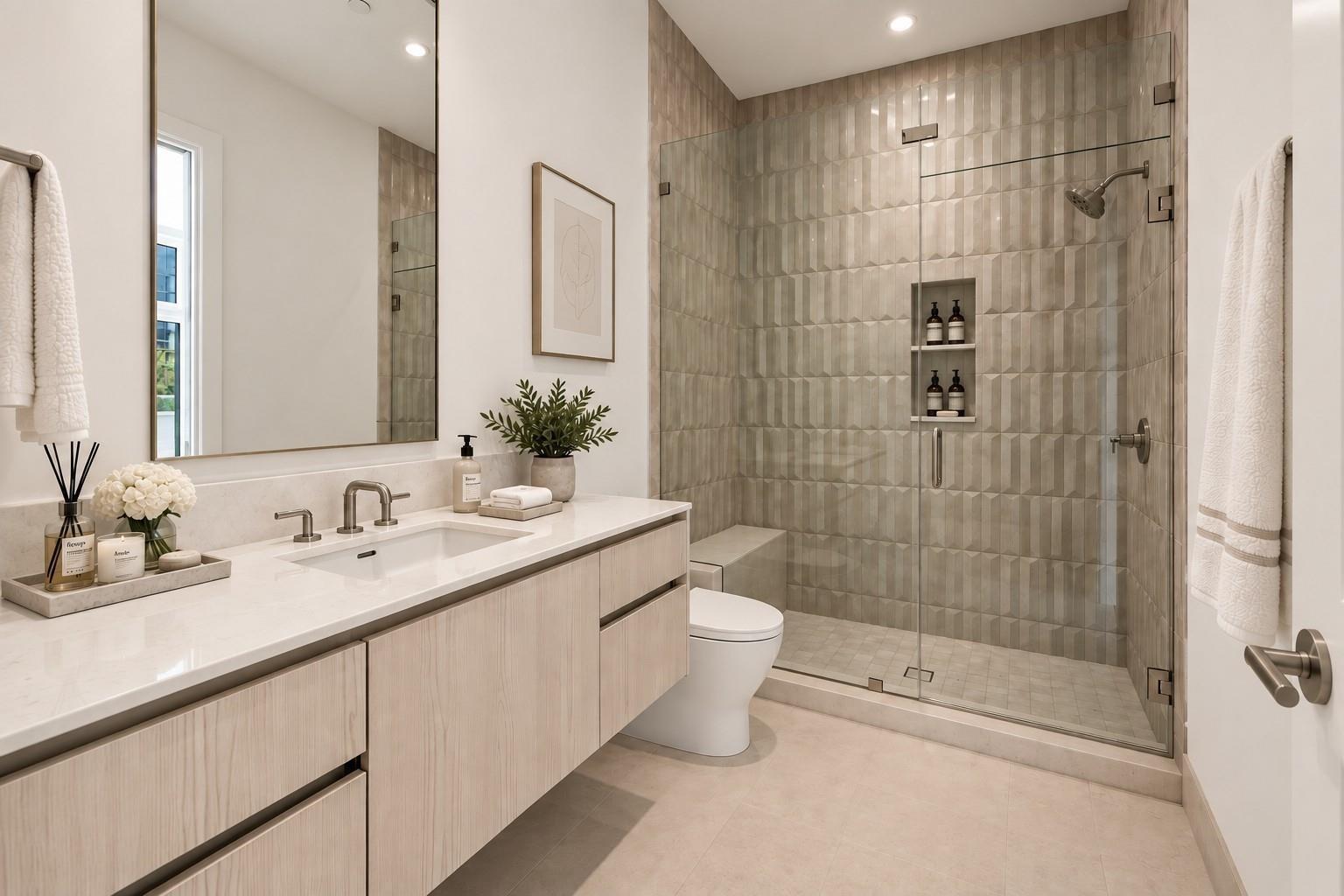 Modern bathroom with a pale wood vanity and glass shower featuring textured gray tile and a built-in bench.