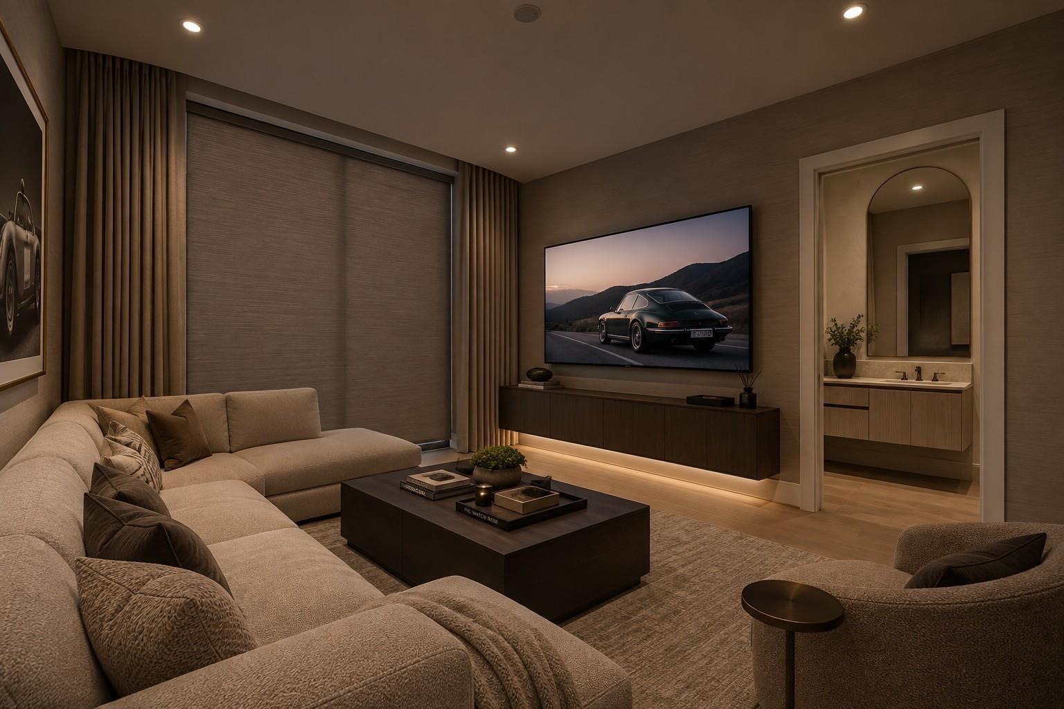 Living room with a beige sectional, dark coffee table, and wall-mounted television.