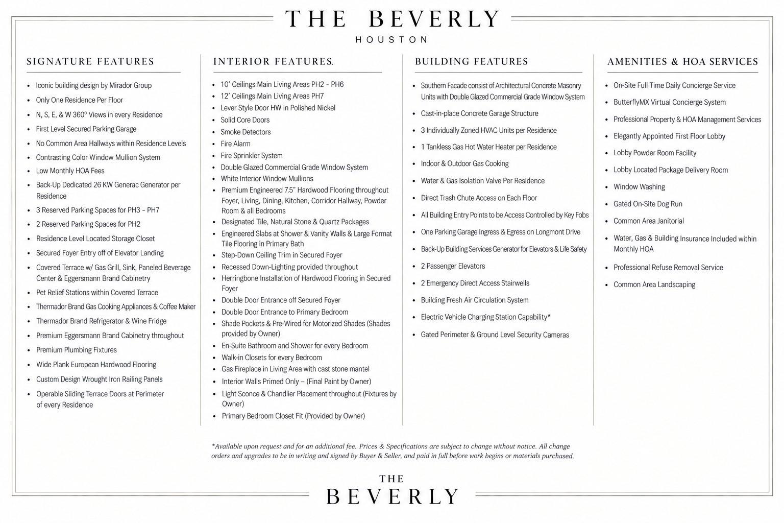 The Beverly Houston feature sheet listing residence, building, and HOA amenities.