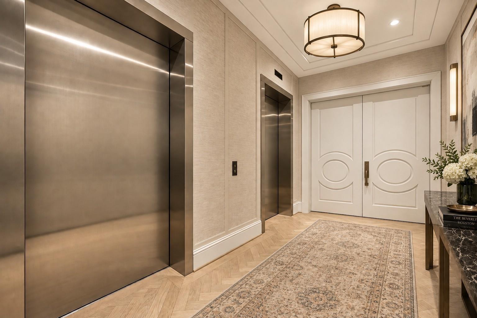 Elevator lobby with stainless steel elevators, white double doors, herringbone floors, and a patterned rug.