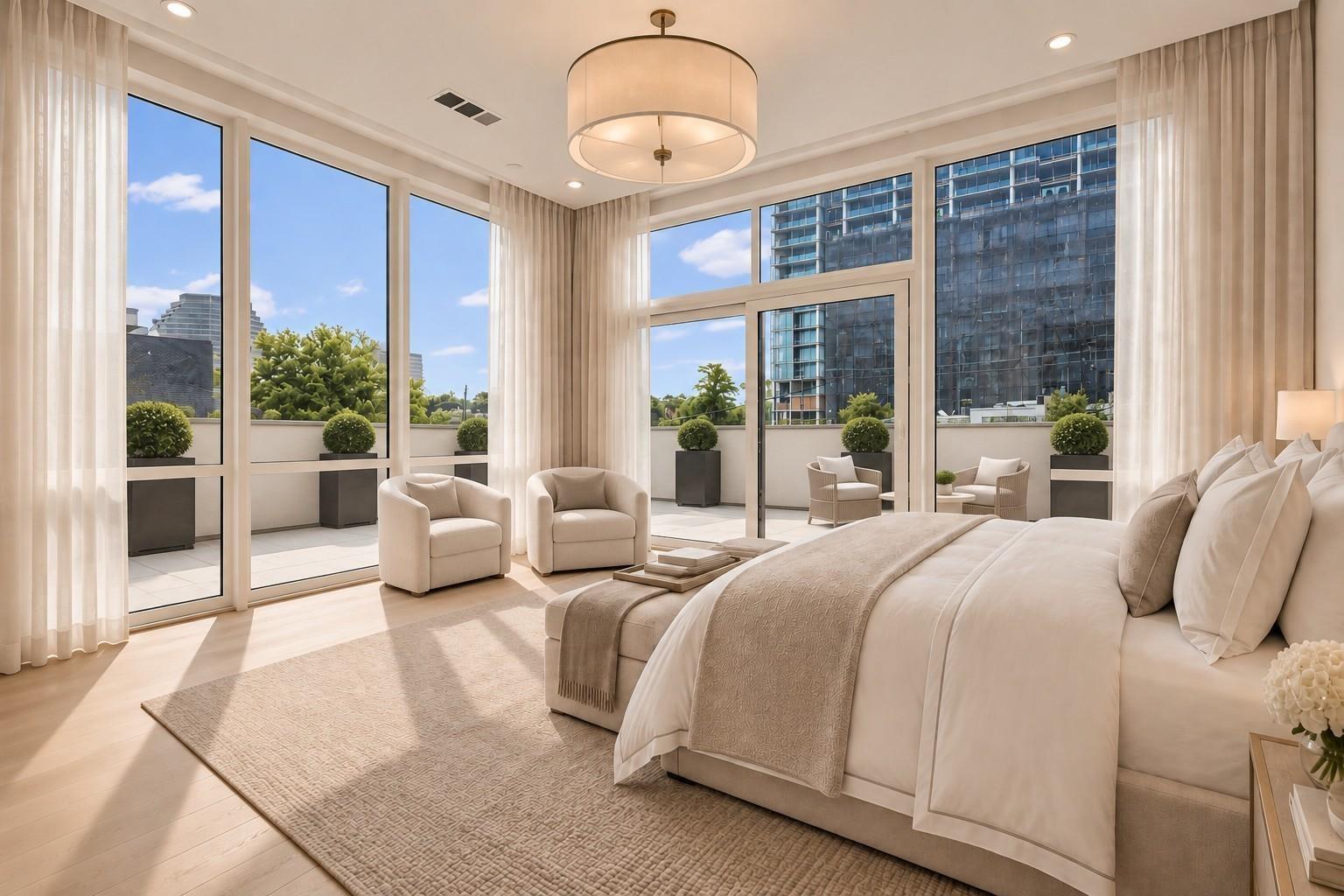 Bedroom with a king bed, floor-to-ceiling windows, and a terrace overlooking nearby high-rises.