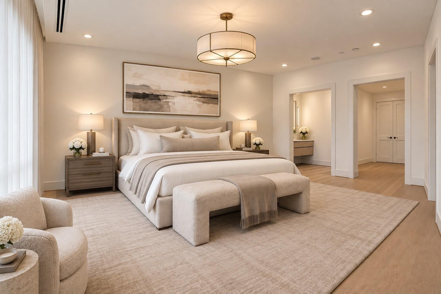 Primary bedroom with an upholstered bed, cushioned bench, and adjoining vanity area.