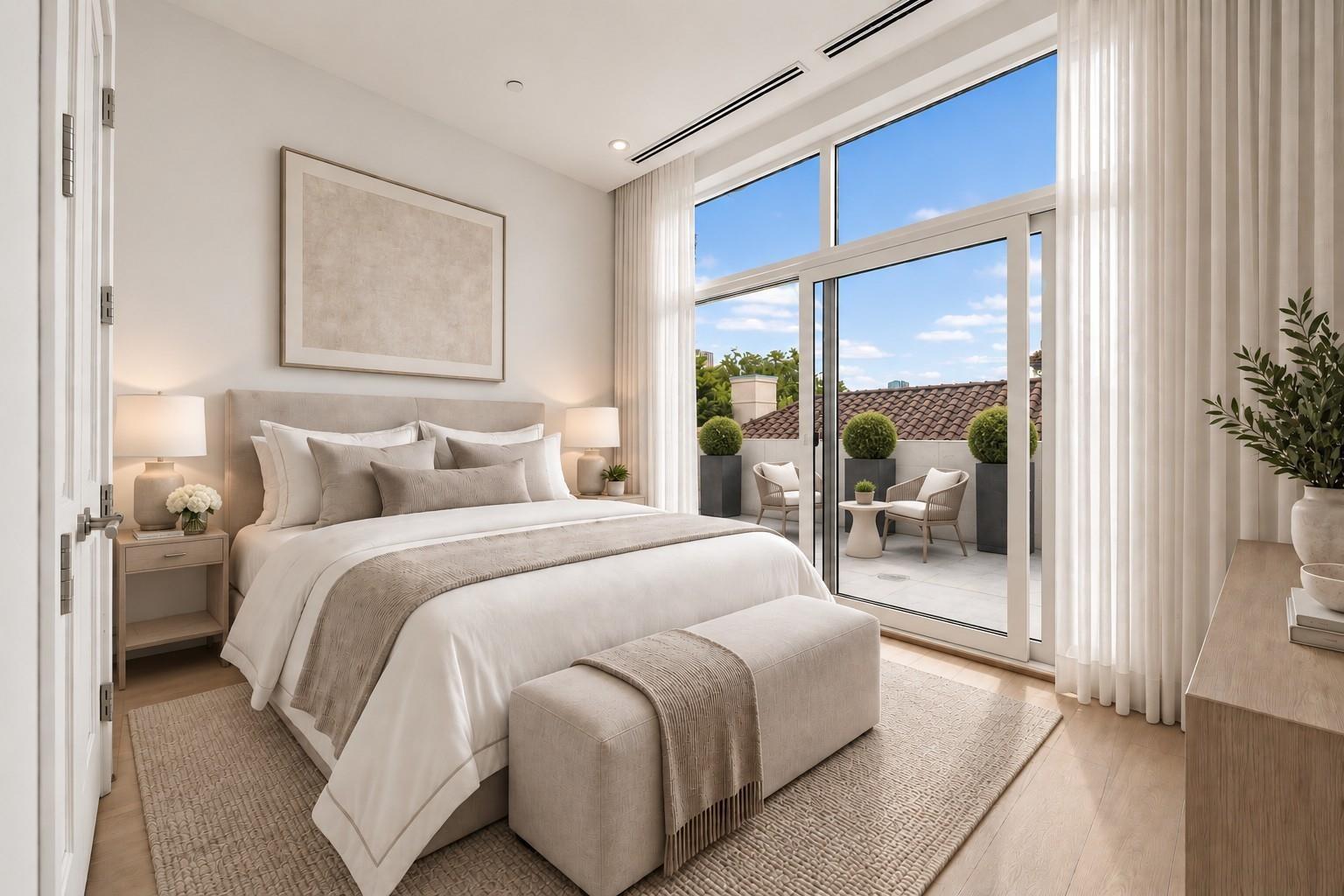 Staged bedroom with a king-size bed and floor-to-ceiling windows opening onto a furnished terrace.