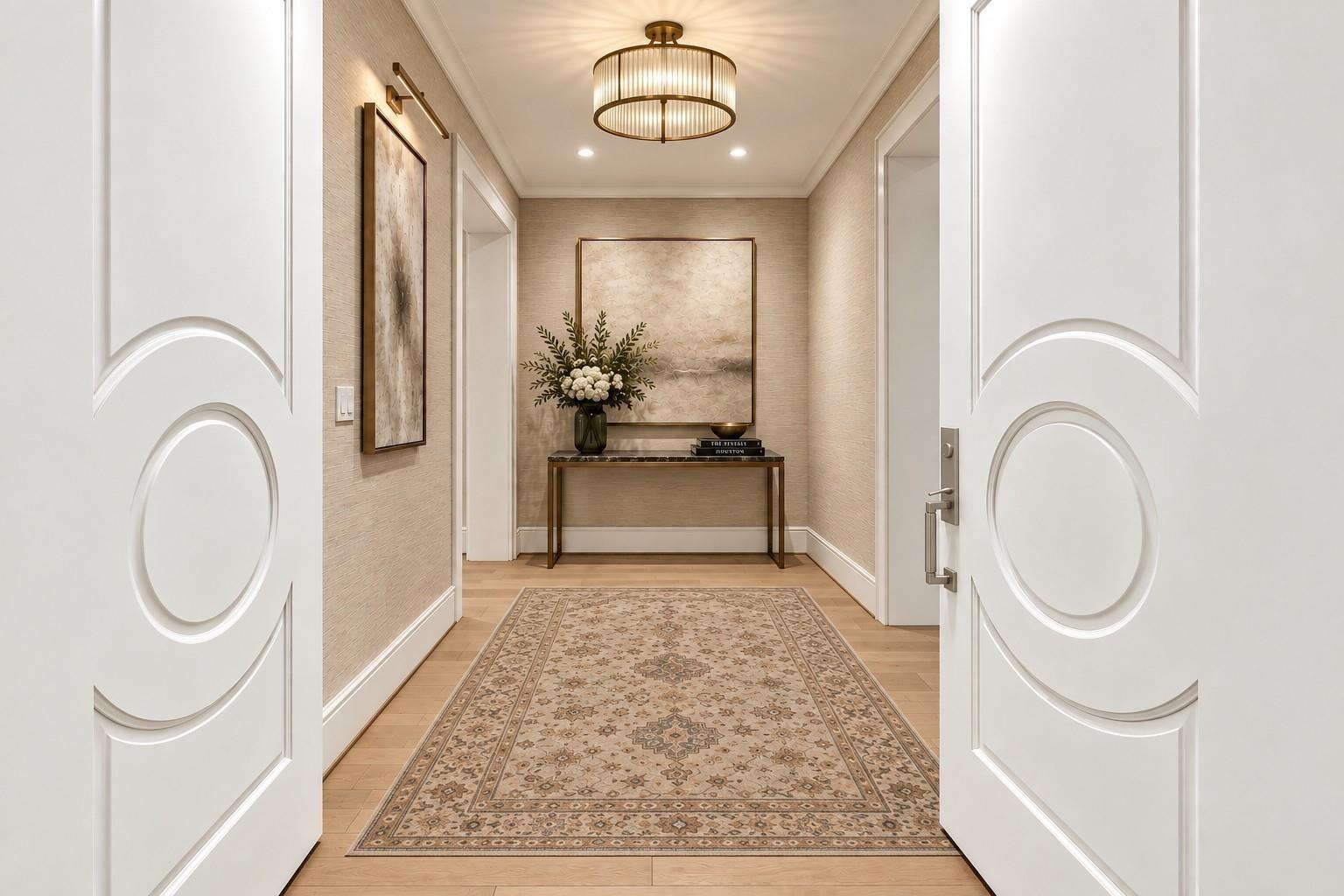 Staged entry hall with open paneled doors, a patterned rug, console table, and drum chandelier.