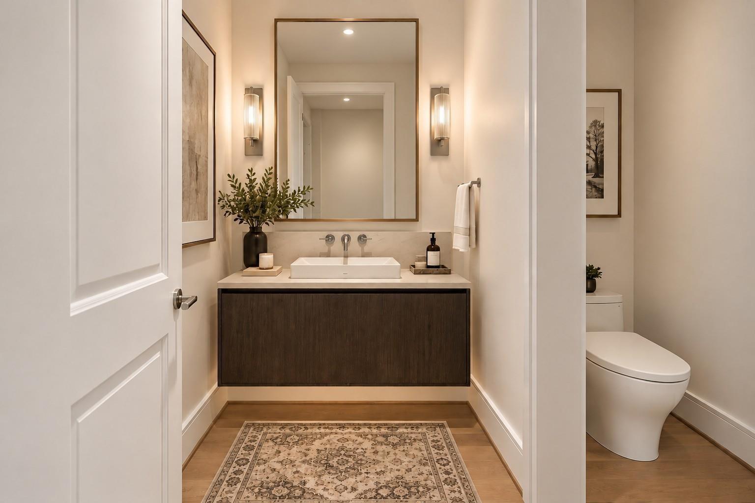 Bathroom with dark floating vanity and vessel sink, opening to a separate toilet area.