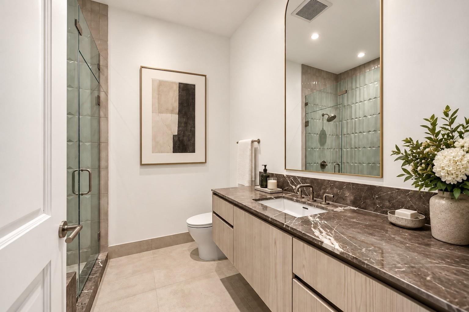 Modern bathroom with a textured-tile glass shower and long marble-counter vanity.