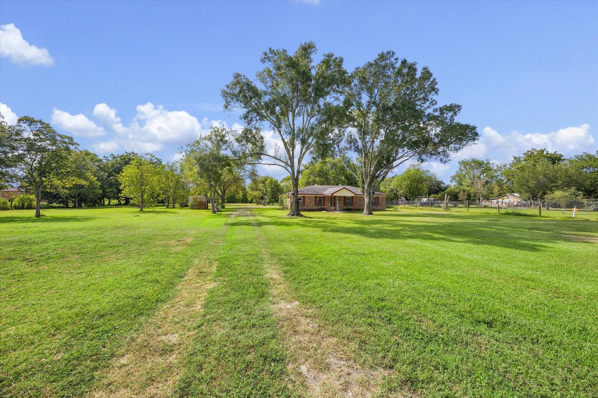 Single-story brick house beyond a broad lawn, framed by mature trees with a worn track leading toward it.
