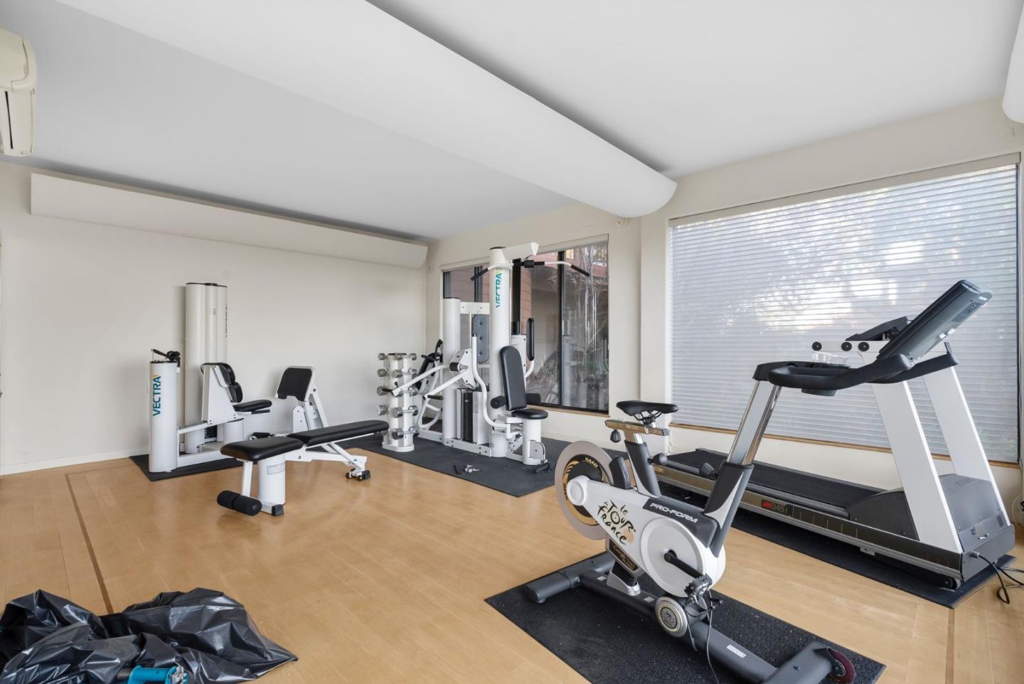 Home gym with weight machines, treadmill, stationary bike, and workout bench.