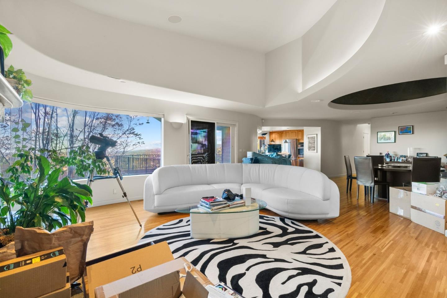 Living room with a curved ceiling, large windows, hardwood floors, and a white sectional sofa.