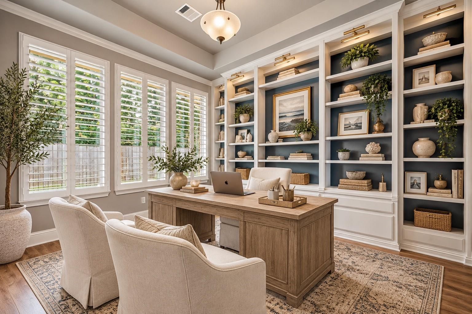 Home office with a wooden desk, plantation-shuttered windows, and built-in display shelves.