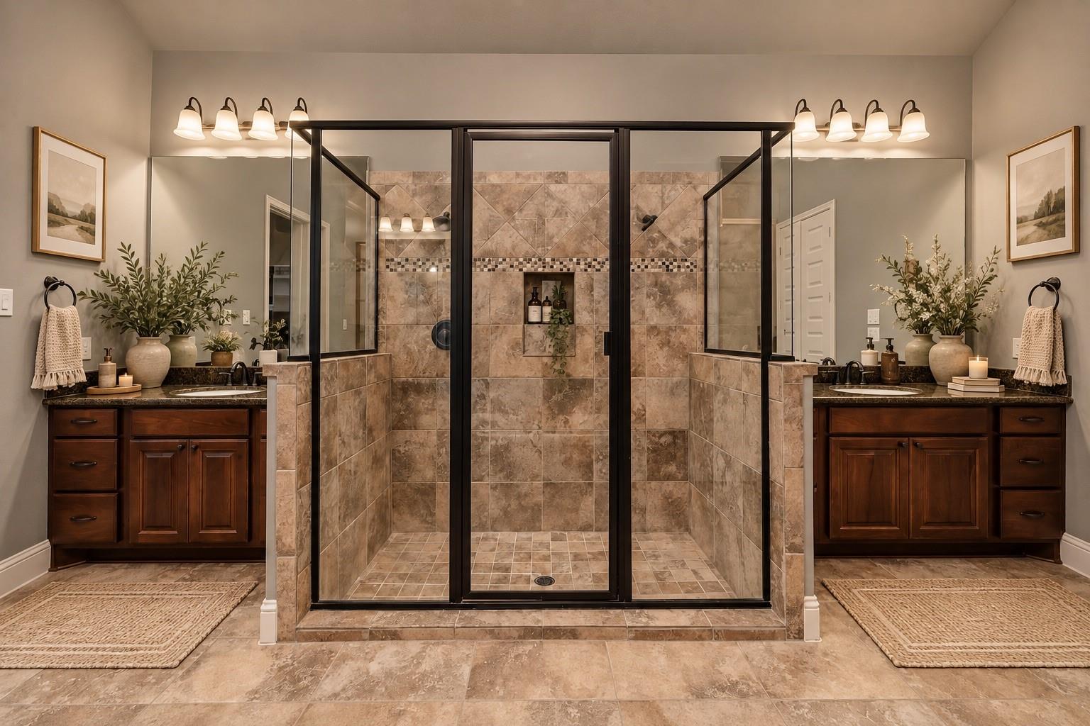 Bathroom with a large black-framed glass shower between matching dark wood vanities.