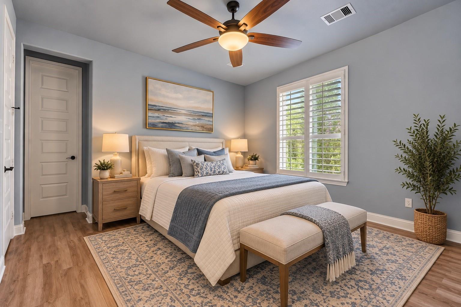 Bedroom with white and blue bedding, a patterned rug, and a shuttered window.