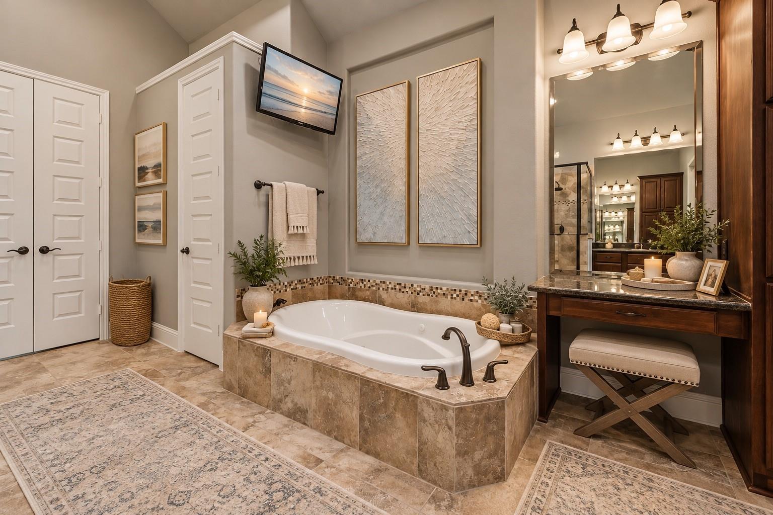 Bathroom with a built-in jetted soaking tub, tan stone tile, and a wood vanity beneath a large mirror.