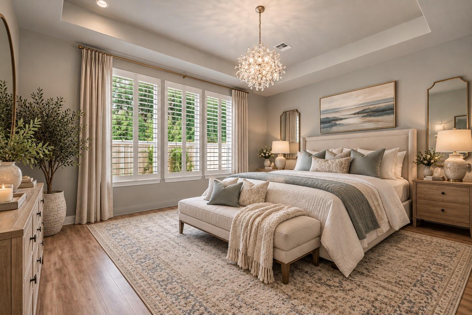 Primary bedroom with a chandelier, shuttered windows, neutral bedding, and a tufted bench.