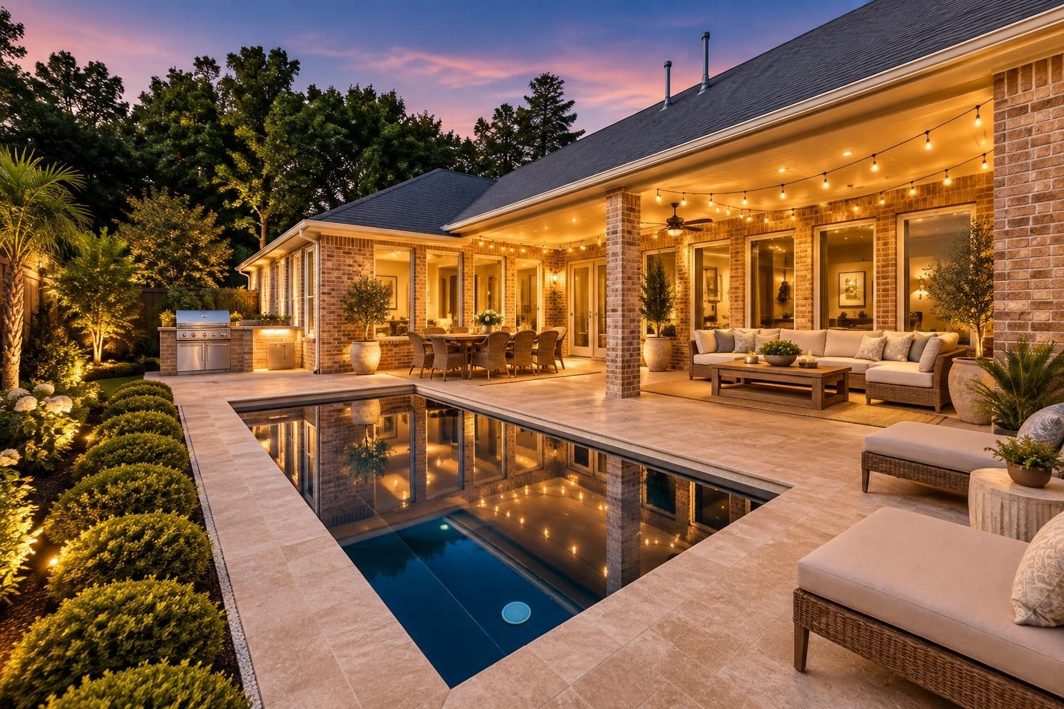 Backyard pool and brick patio with furnished outdoor dining and lounge areas under warm string lights.