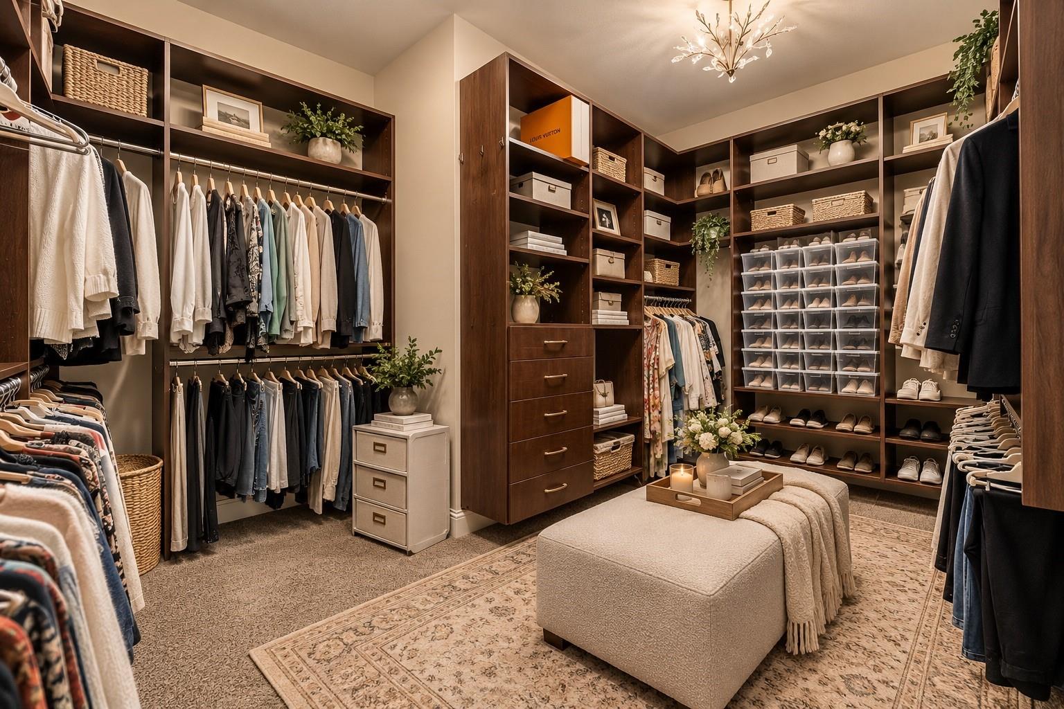 Walk-in closet with dark wood shelving, organized clothing and shoes, and a padded bench on a patterned rug.