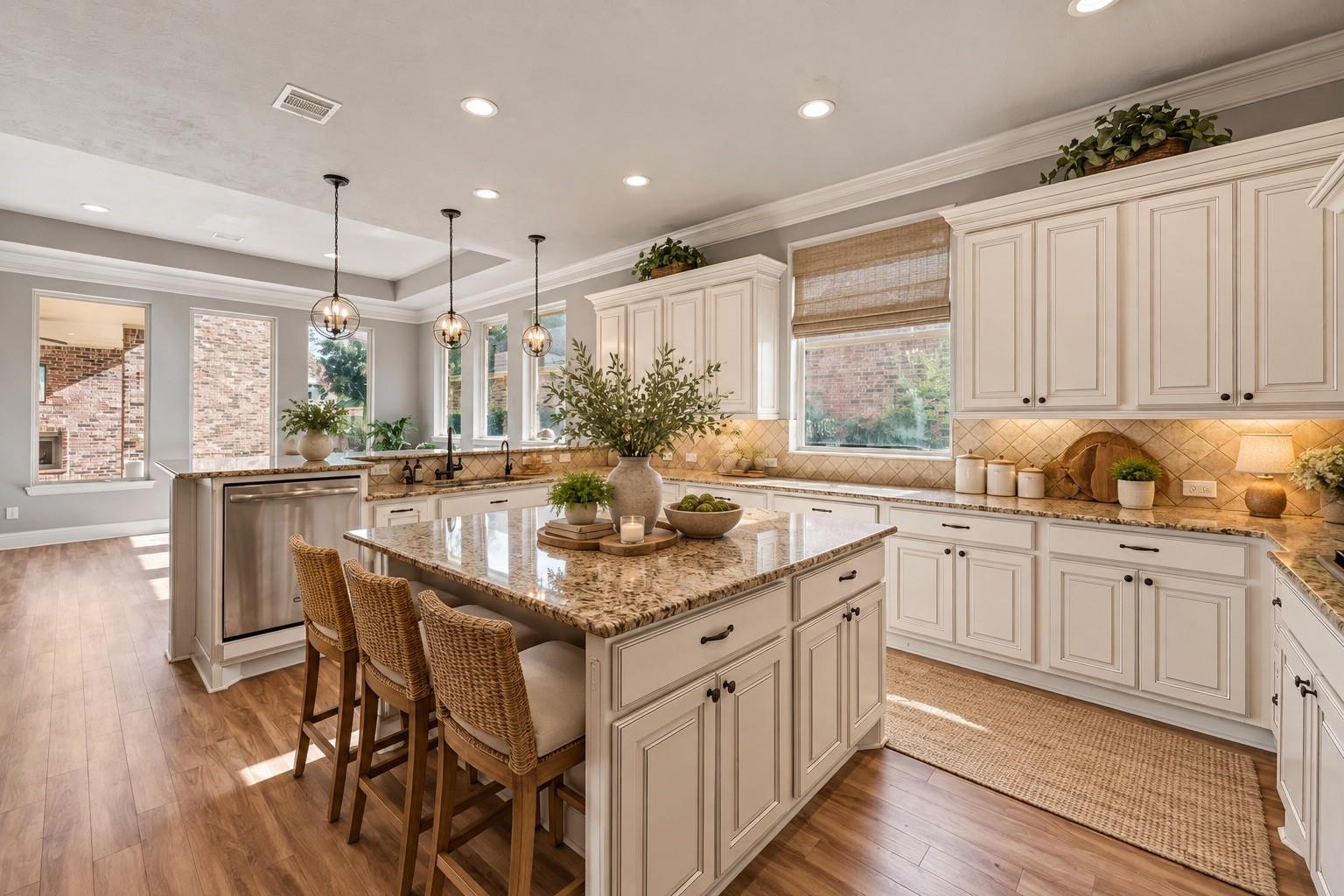 Spacious white kitchen with a granite island, woven bar stools, and stainless steel dishwasher.