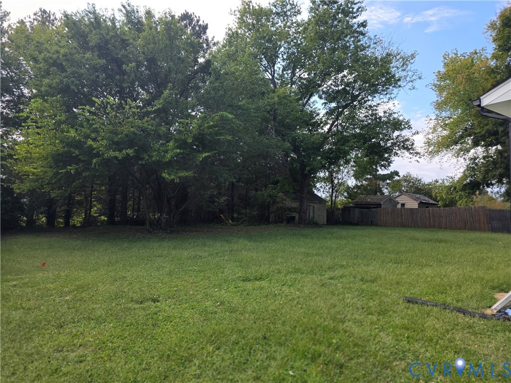 Grassy backyard with mature trees, a wooden fence, and small sheds.