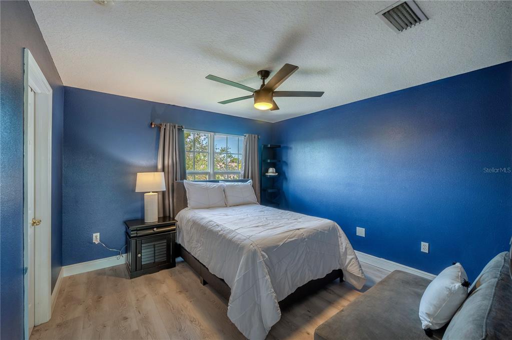 Blue bedroom with a bed beneath a window and a gray sofa in the foreground.