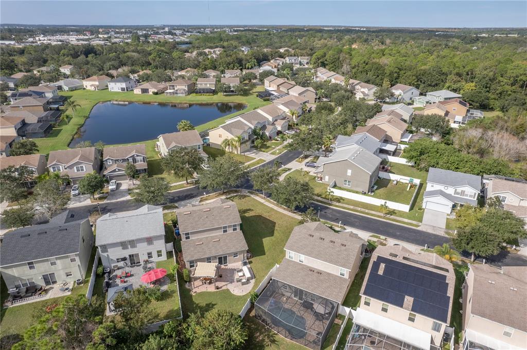 Aerial view of homes around a neighborhood pond, with tree-lined streets and backyards.