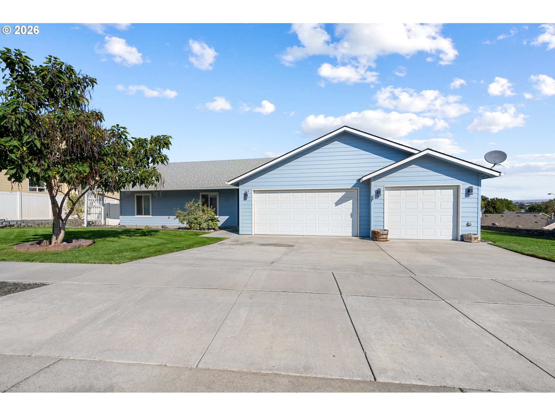 Blue single-story home with two white garage doors, a wide concrete driveway, and a mature tree.