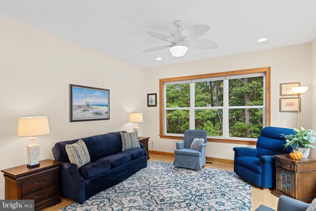 Living room with blue seating, patterned rug, ceiling fan, and large window overlooking trees.