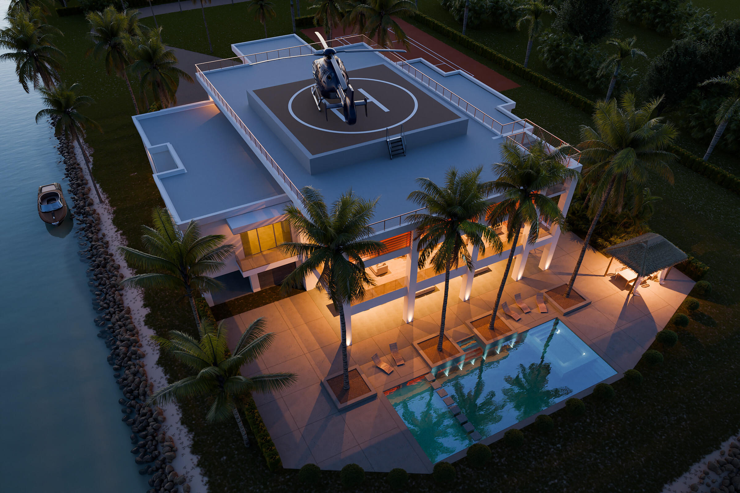Waterfront home with a rooftop helipad, helicopter, pool, and palm-lined terraces at dusk.