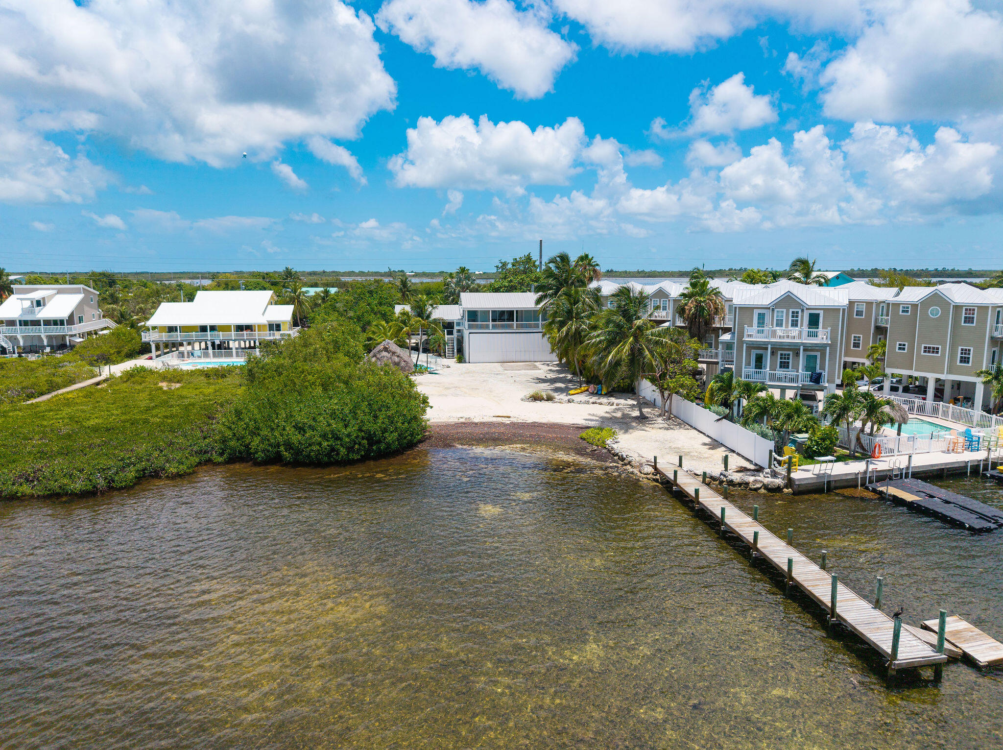 Waterfront lot beside a canal, with a sandy shoreline and long dock extending into the water.