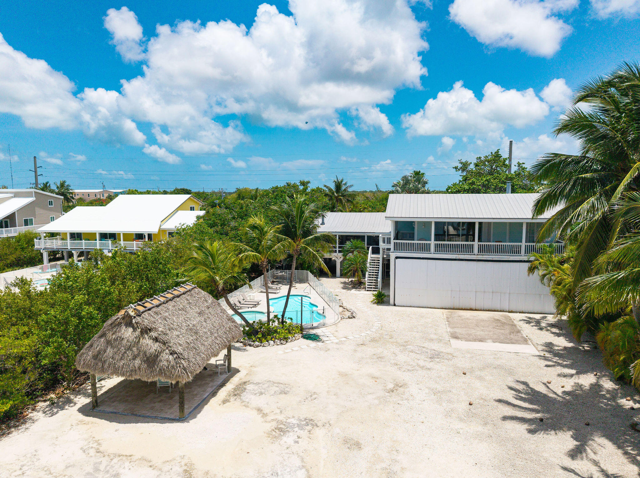 Elevated coastal home with a pool, thatched tiki hut, and palm-lined sandy driveway.
