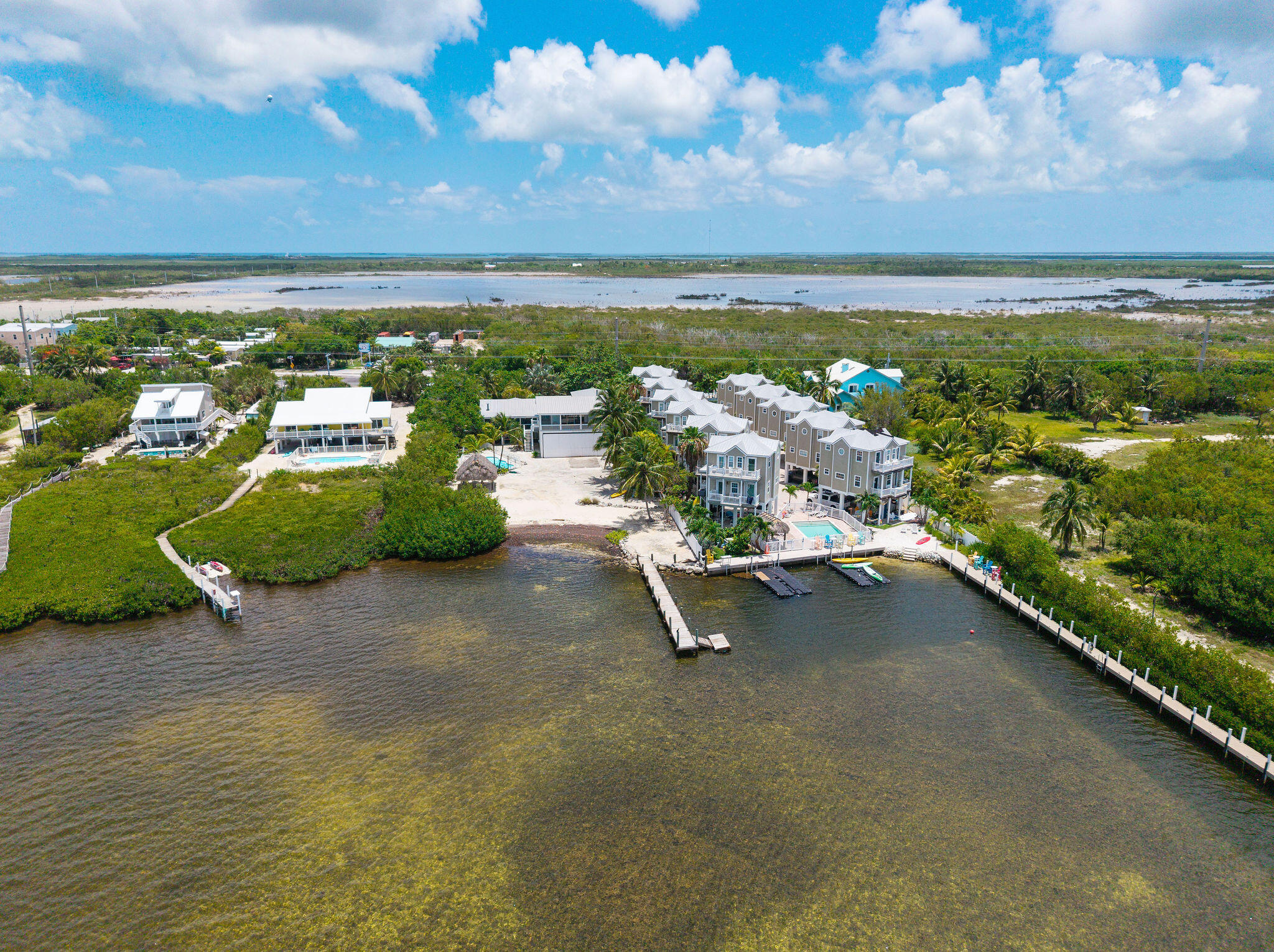 Aerial view of waterfront homes, docks, and pool beside a canal and wetlands.