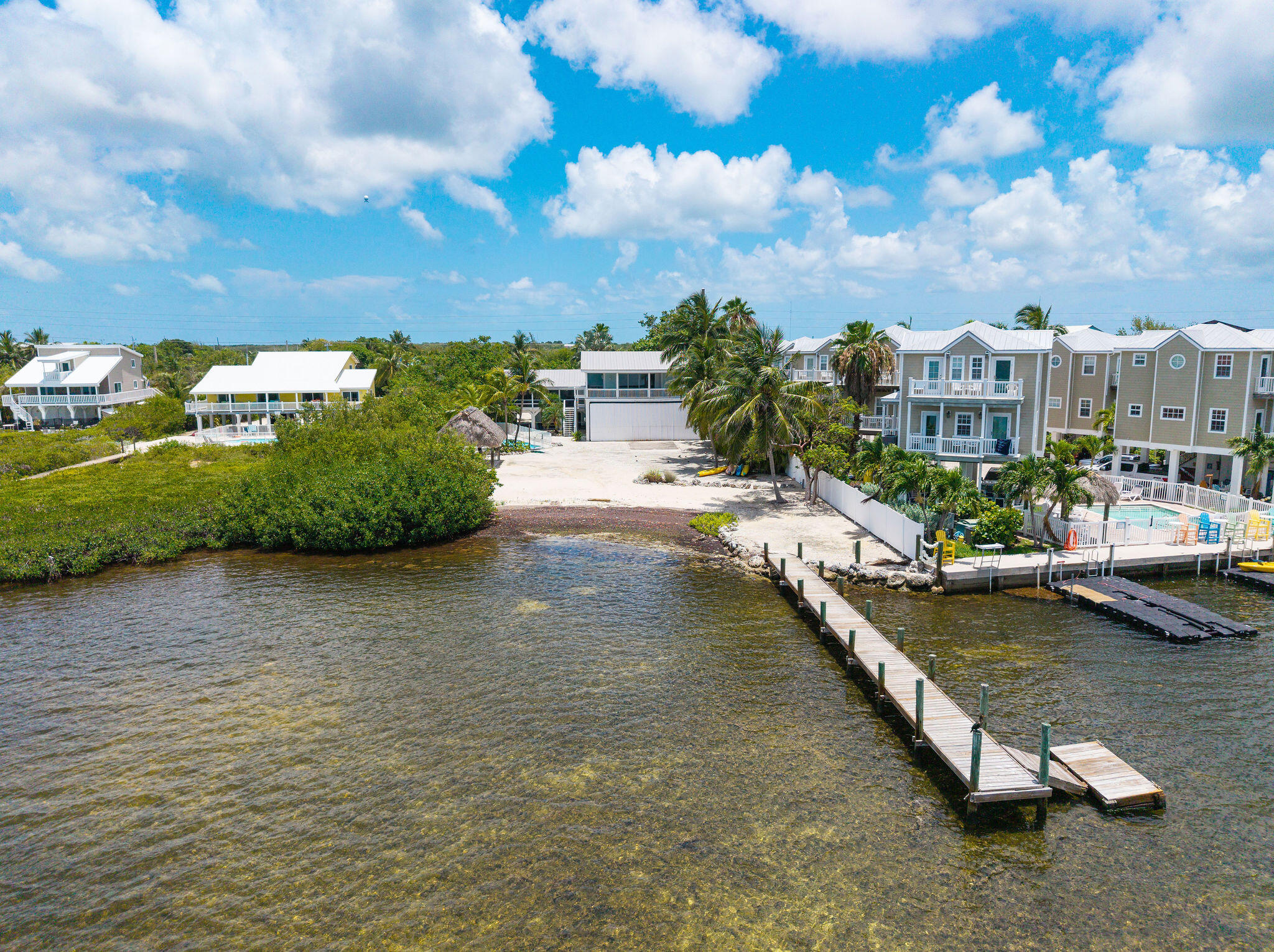 Aerial view of a waterfront property with a sandy shoreline and long wooden dock.
