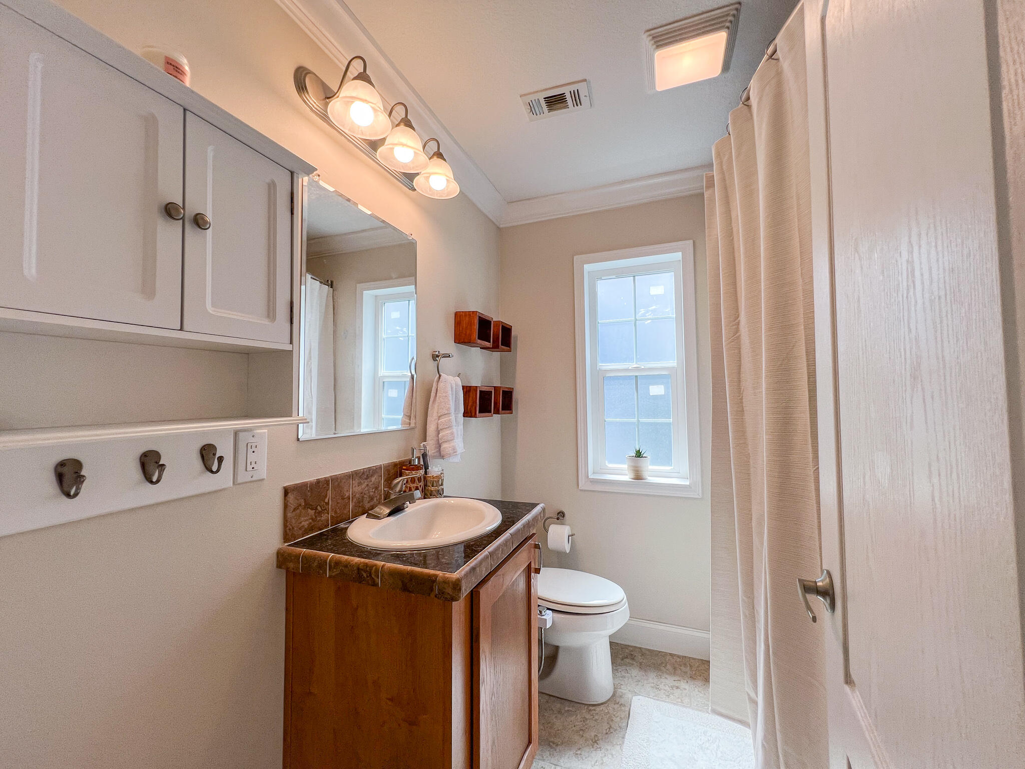 Bathroom with a wood vanity and dark countertop, a window, and a curtained shower.