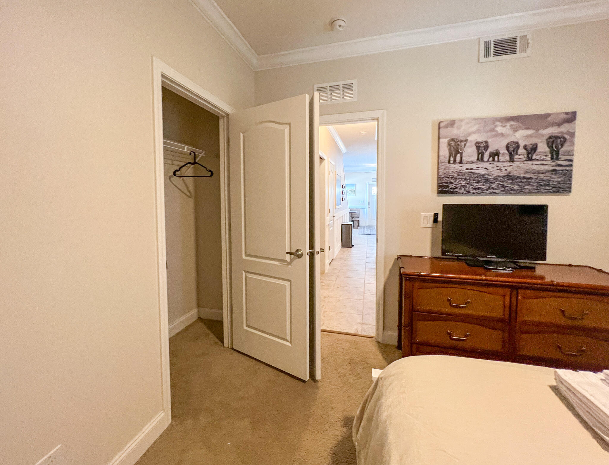 Furnished bedroom with a wooden dresser, television, open closet, and elephant artwork.