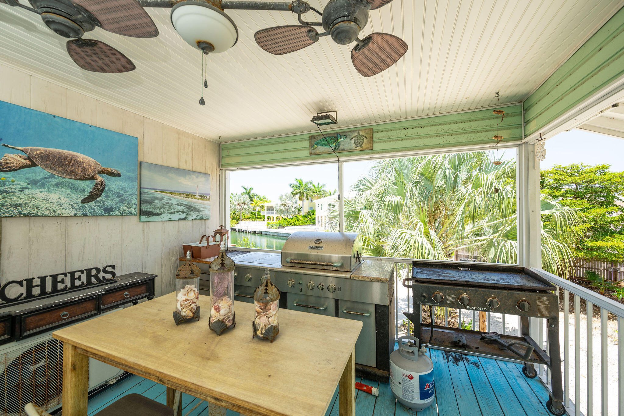 Screened porch outdoor kitchen with two grills and a view of the canal through palms.