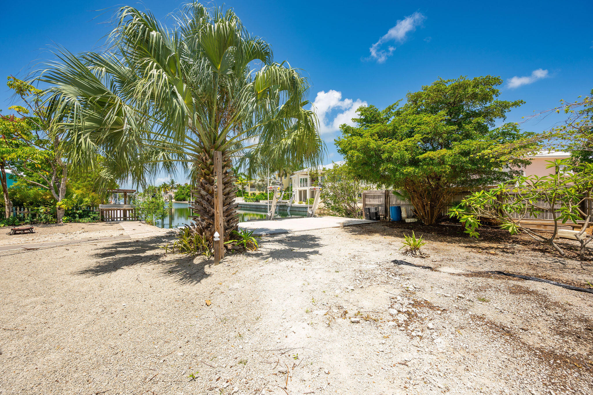 Waterfront yard with palm trees, sandy ground, and a dock beside a canal.