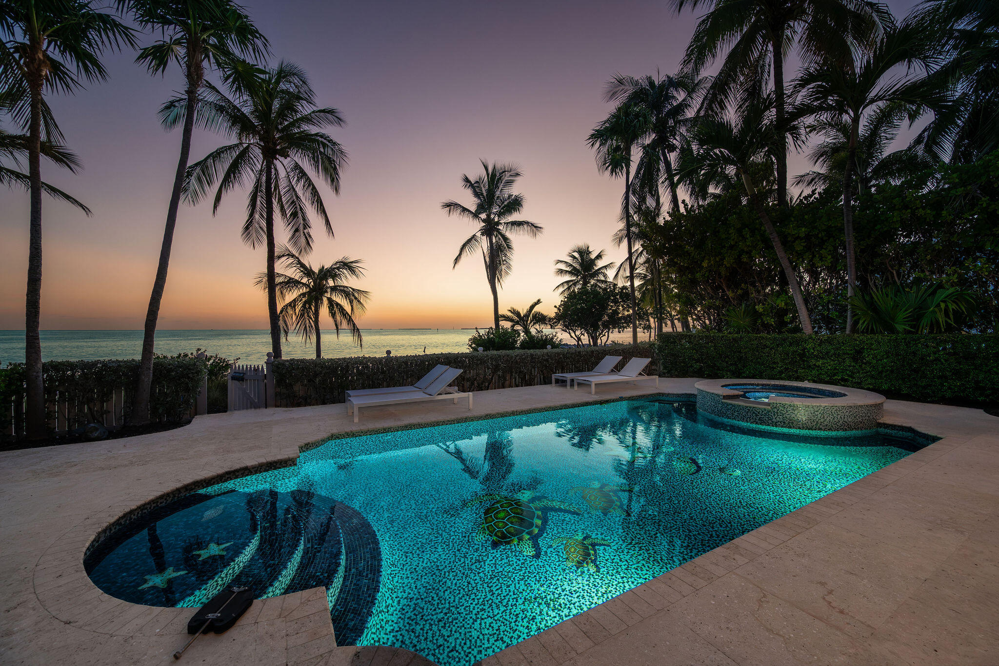 Oceanfront pool and spa framed by palms at sunset, with sea turtle mosaics.