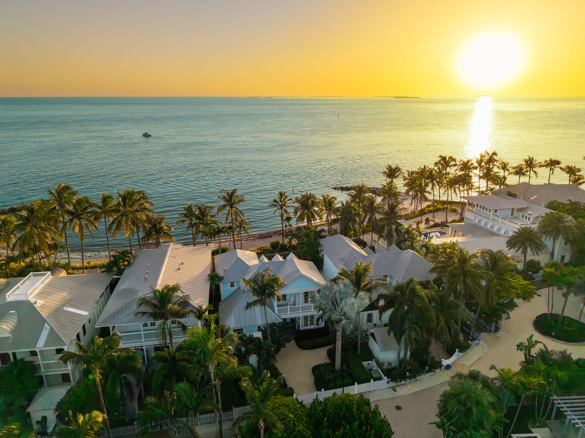 Aerial view of coastal homes and palms beside the ocean at sunset.
