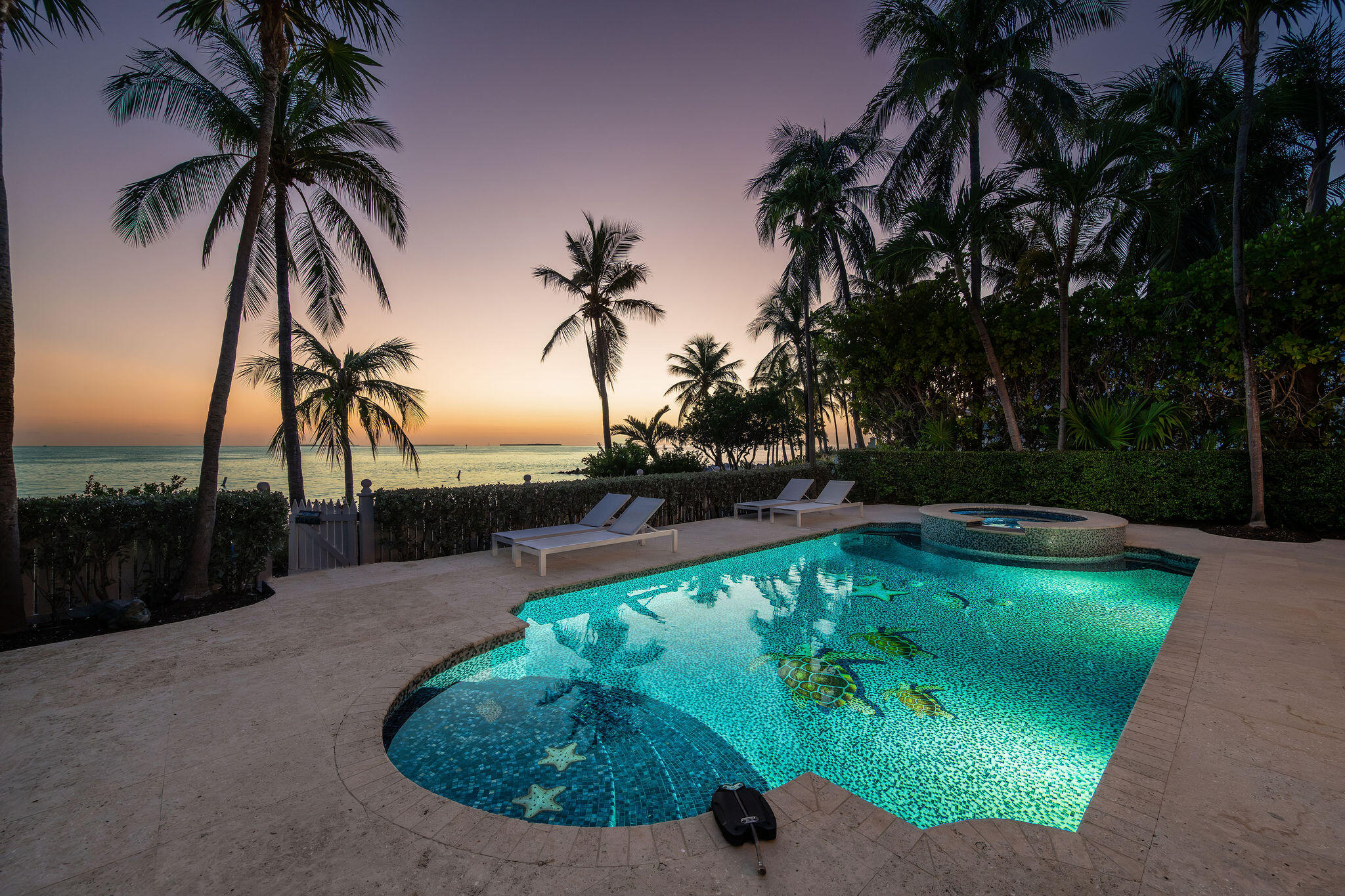 Waterfront pool and spa at dusk, with palm trees, ocean views, and white lounge chairs.