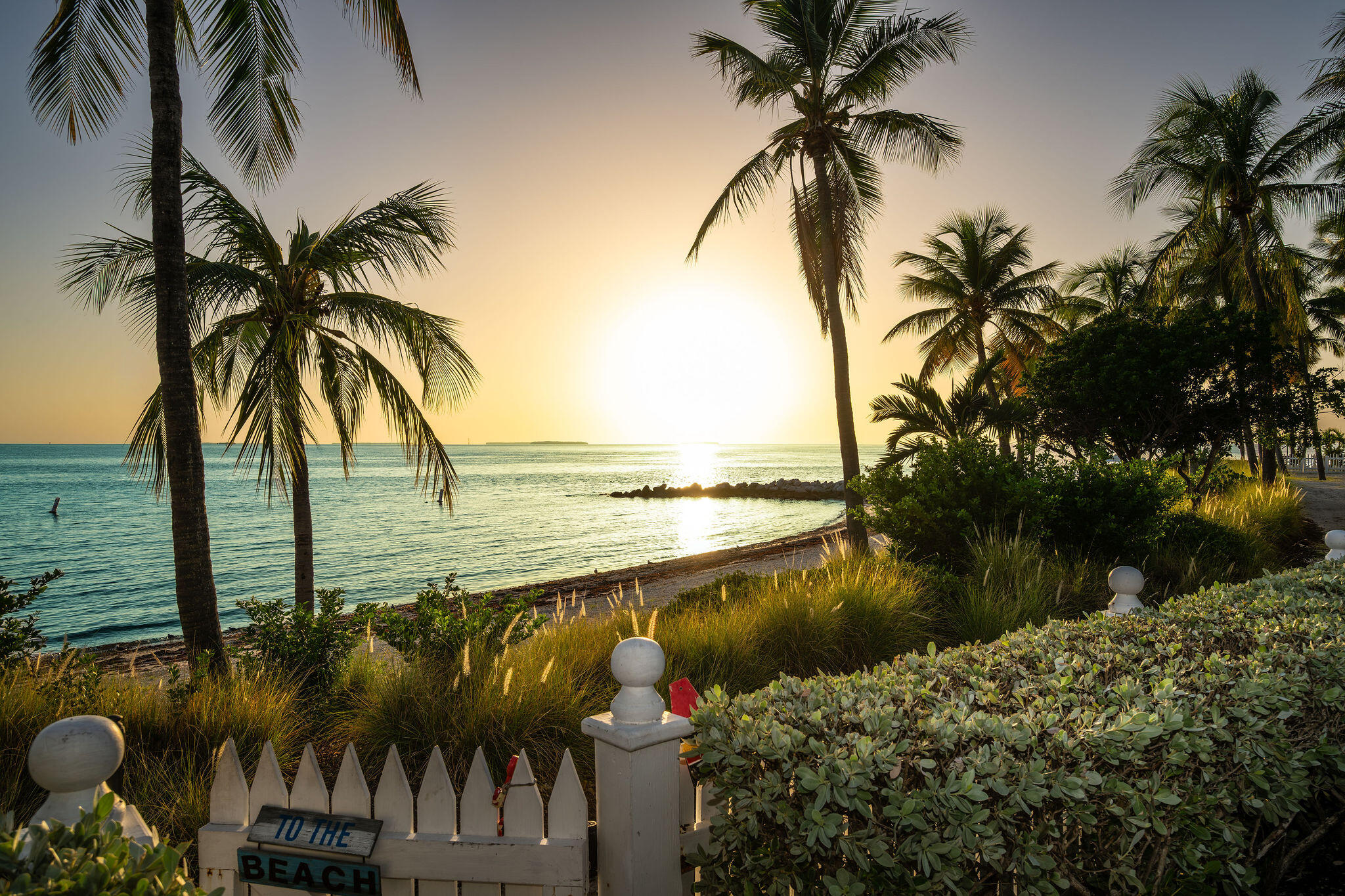 Sunset over calm ocean water beyond a white beach gate, framed by palm trees.