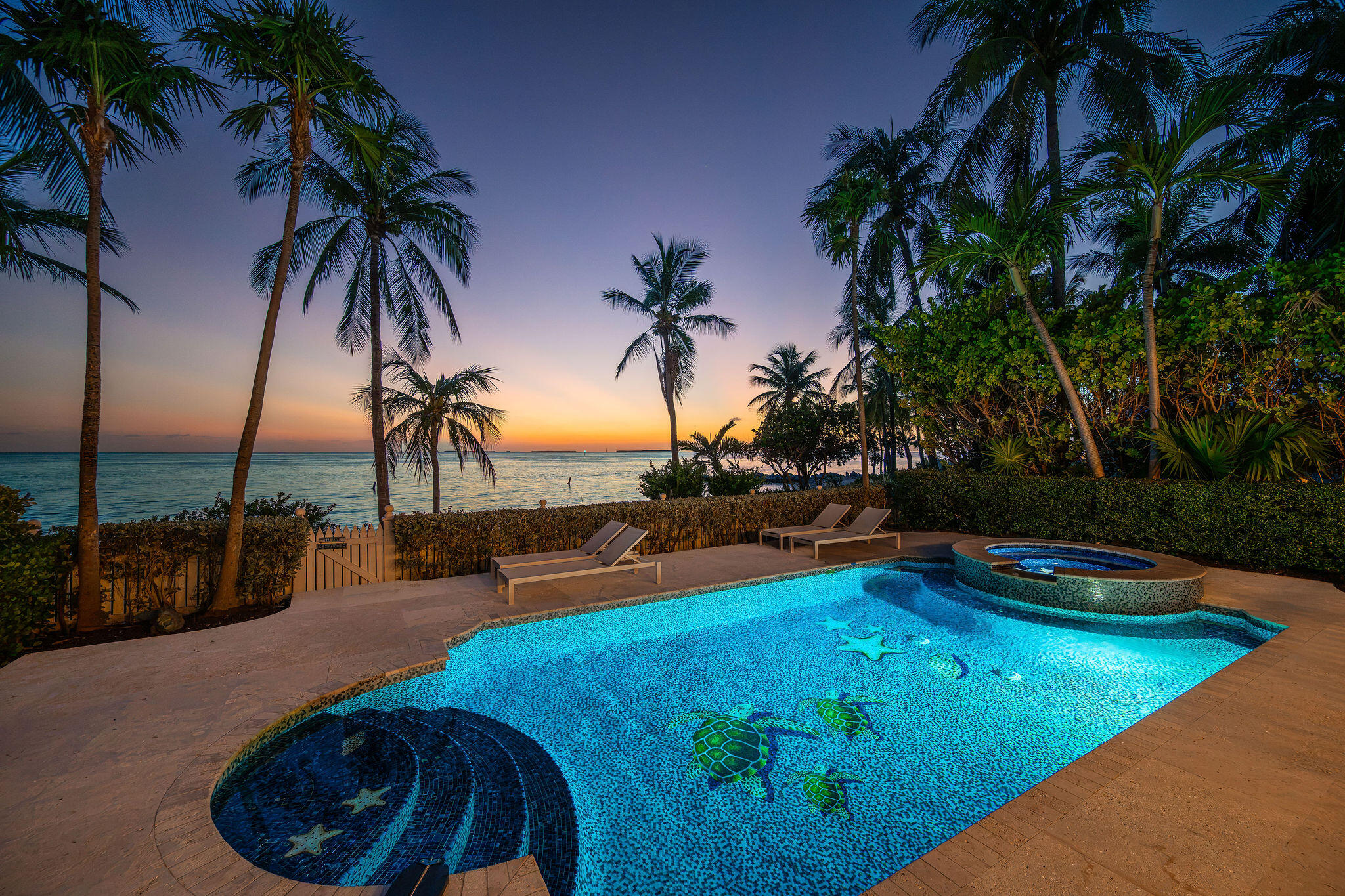 Oceanfront pool and raised spa glow at dusk beneath palm trees, with turtle designs on the pool floor.