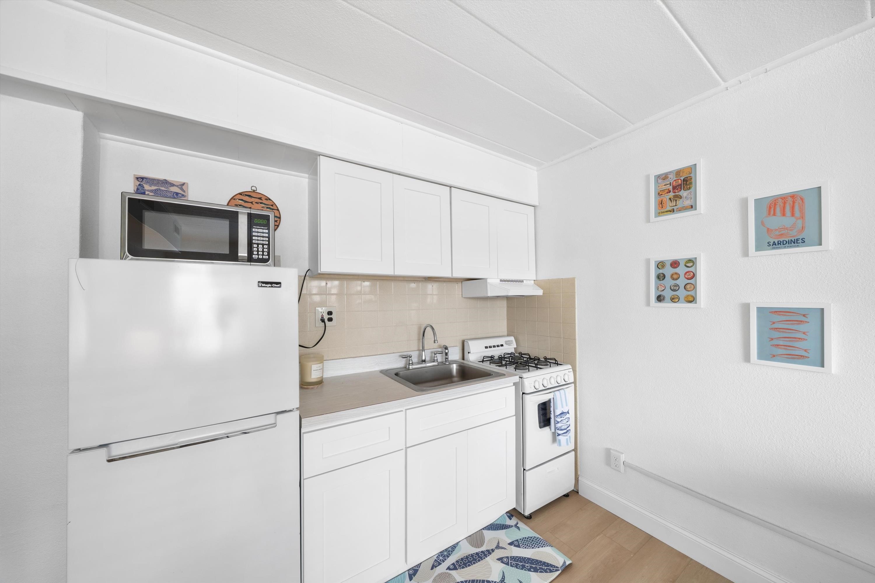Compact white kitchenette with refrigerator, microwave, sink, gas stove, and framed fish prints.