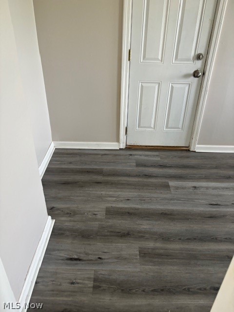 Entry area with gray plank flooring and a white paneled door.