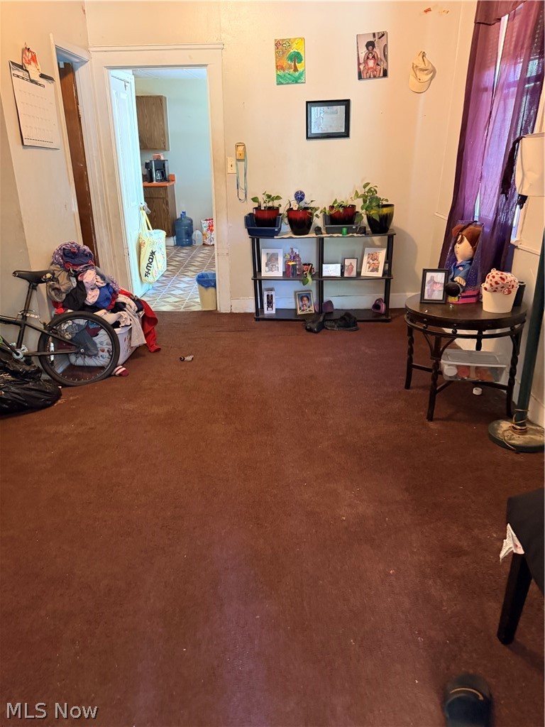 Carpeted room with purple curtains, a display shelf, and an open doorway to the kitchen.