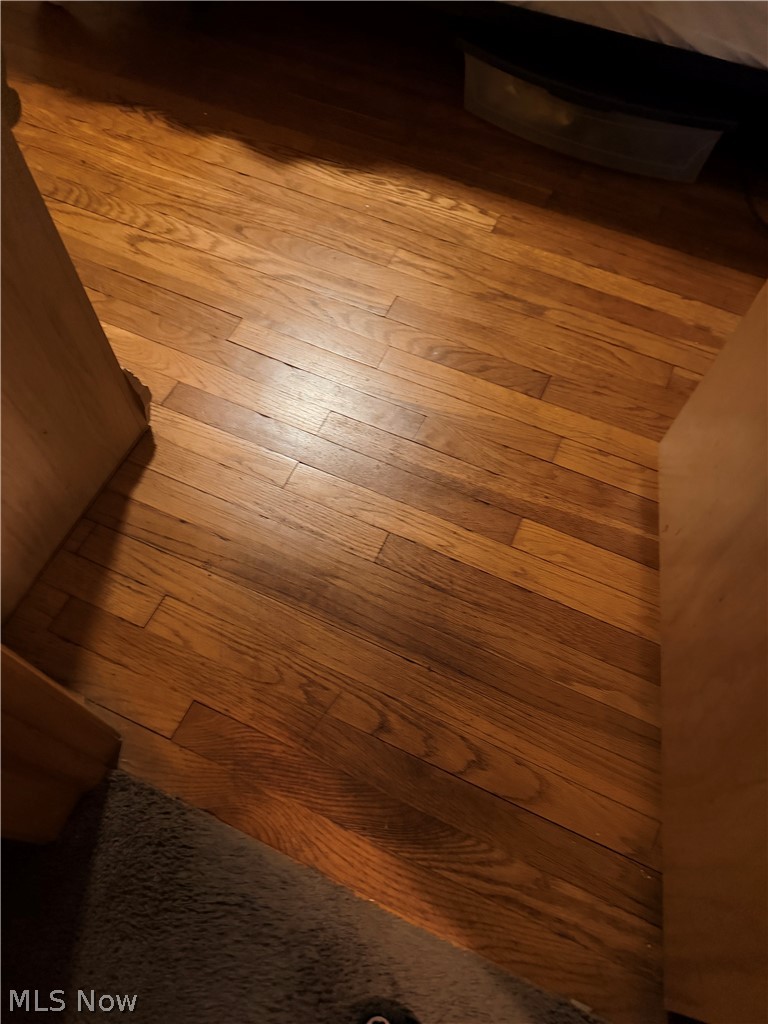 Hardwood plank flooring with a carpet edge and furniture at the sides.