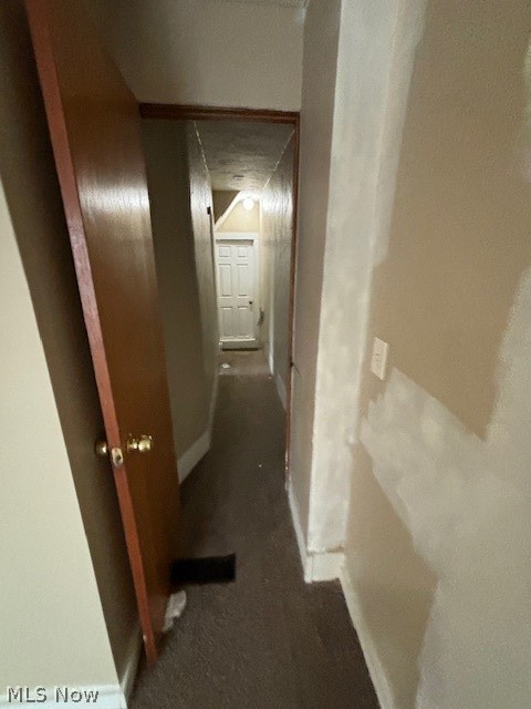 Narrow carpeted hallway with an open wooden door and a white door at the far end.