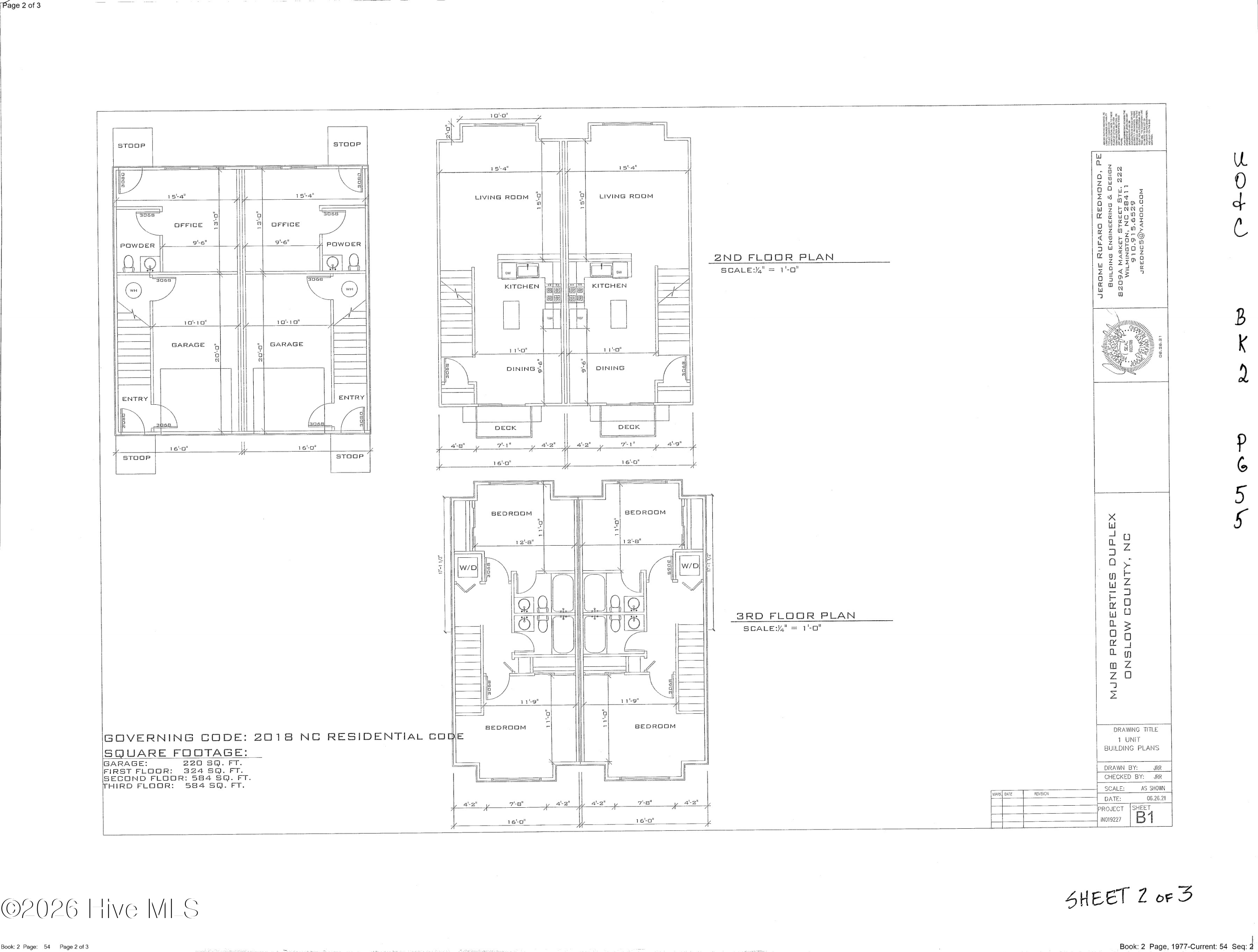 Duplex floor plans showing a garage level, kitchens and living areas, and a third floor with bedrooms.