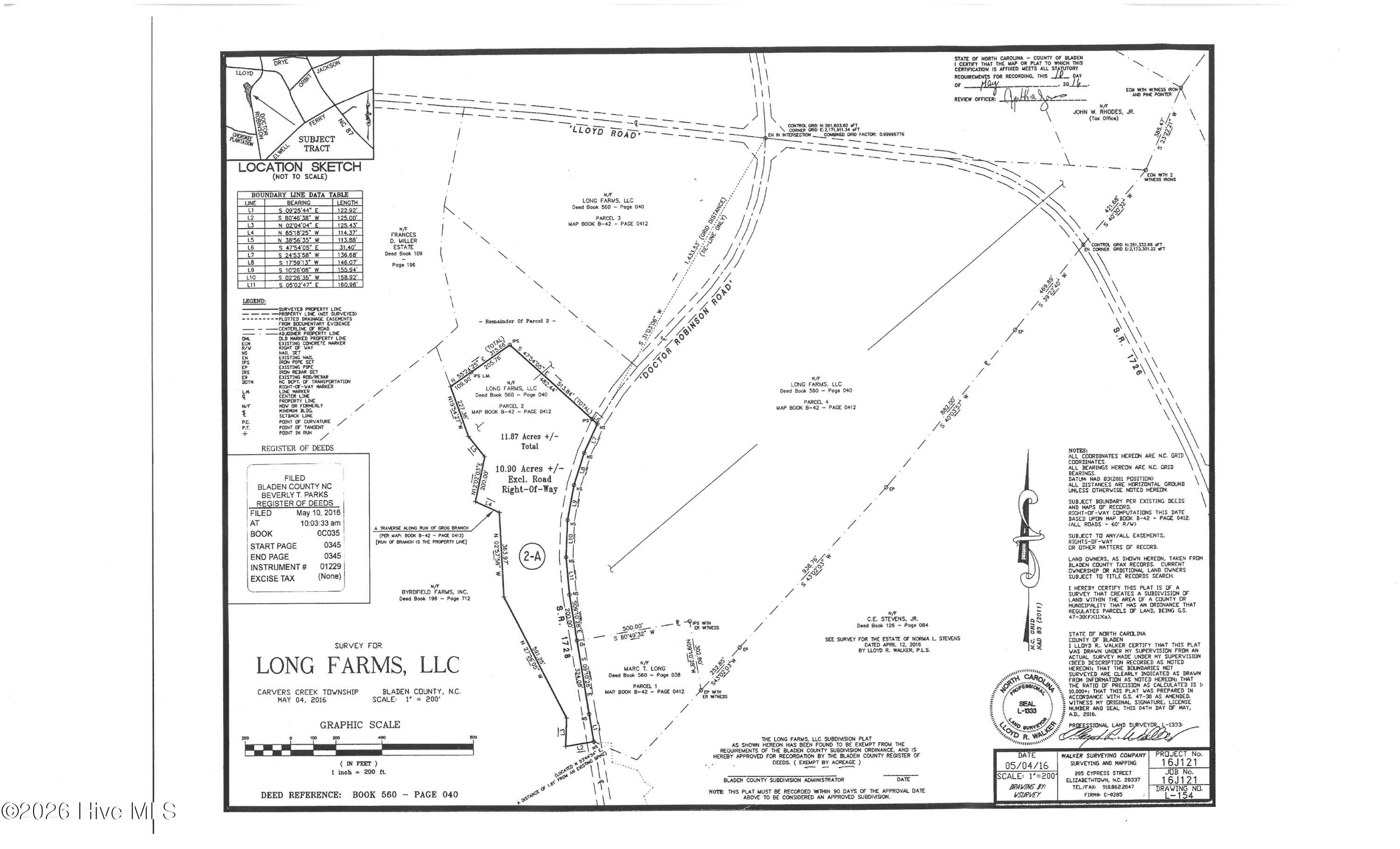 Survey plat of an 11.87-acre tract along Doctor Robinson Road and Lloyd Road in Bladen County, North Carolina.