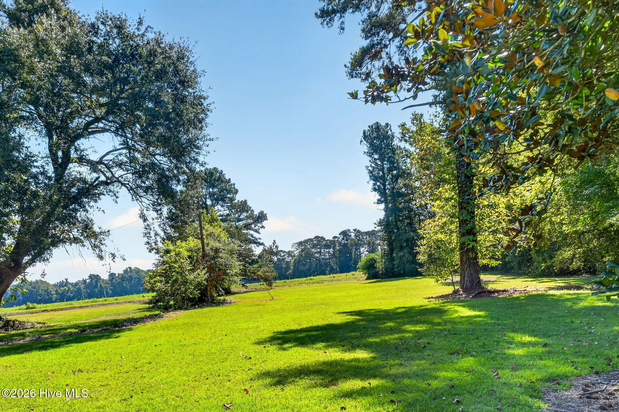 Expansive green lawn framed by mature trees, with an open field beyond.