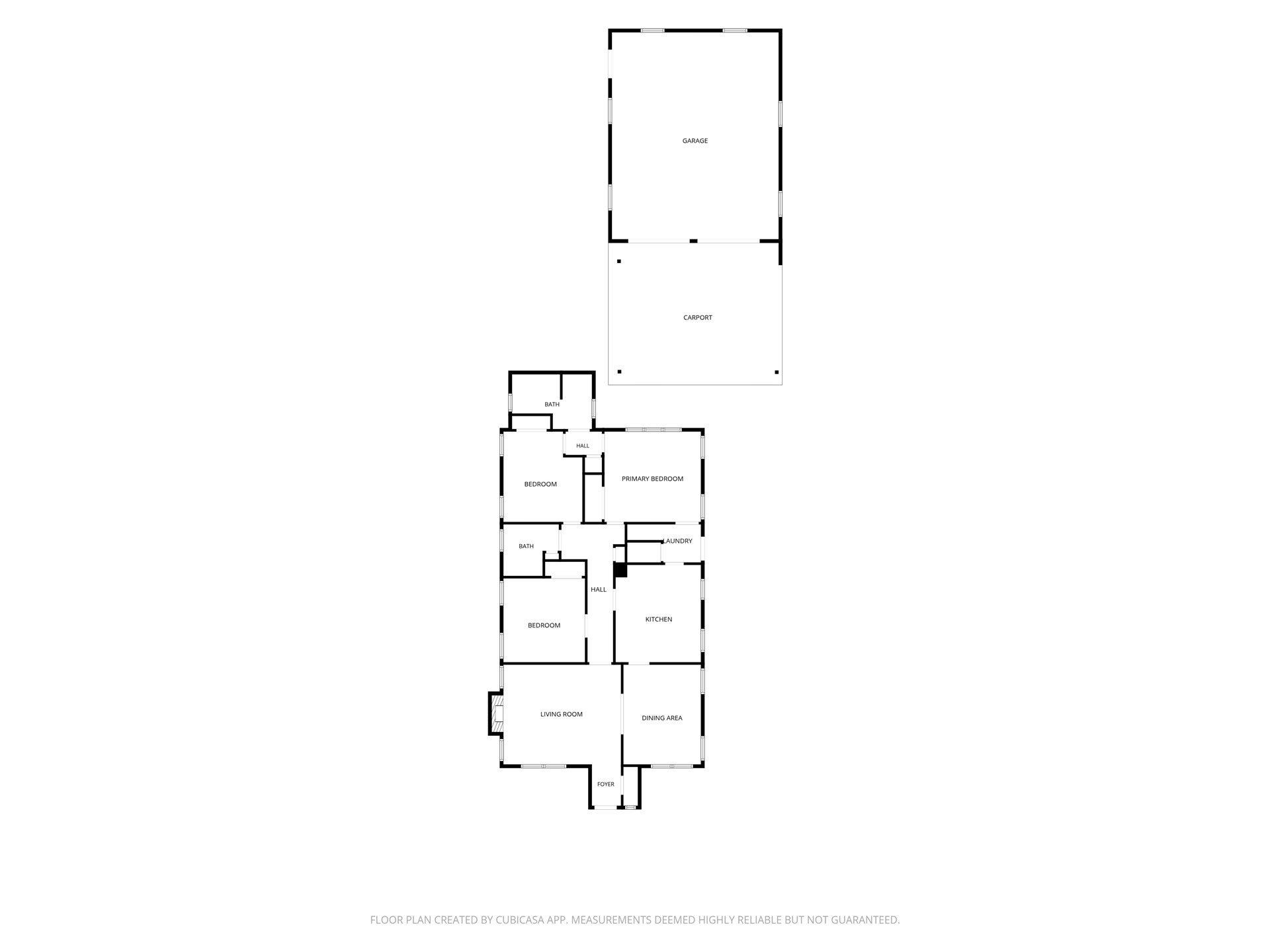 Floor plan showing three bedrooms, two bathrooms, living and dining areas, a garage, and a carport.